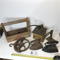 Interesting Antique Lot - Cast Iron Pulley, Coffee
