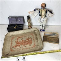 Interesting Vintage Lot - Tray, Doll, Thermometer