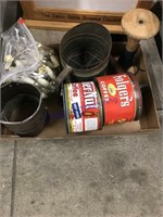 COFFEE TINS, SIFTERS, SPOOLS, DRAWER HANDLES