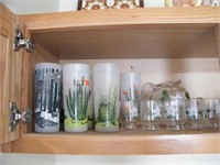 CONTENTS OF UPPER CABINETS, HANDPAINTED GLASSES &