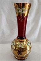 Ruby Red Czech Hand Painted Heavy Gold Vase