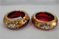 2 Ruby Red Czech Ash trays 3 1/4" Heavy Gold Hand
