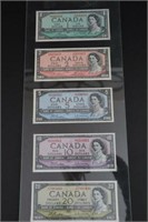 Canadian 1954 1,2,5,10,20 dollar bills very good