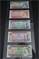 Canadian 1,2,5,10,20 dollar bills