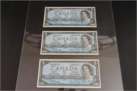3 Canadian 1954 $5.00 bills sequential