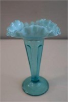 Blue opalescent fluted vase 6.5" h