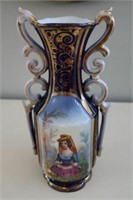 Flow blue hand painted Victorian vase 11" h