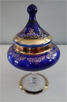 Covered candy dish cobalt with gold trim 10" h