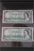 (2) 1954 Canadian sequential $1.00 bills