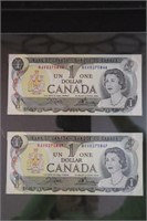 2 - 1973 Canadian sequential $1.00 bills