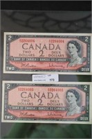 2 - 1954 Canadian sequential $2.00 bills