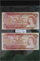 2 - 1974 Canadian sequential $2.00 bills