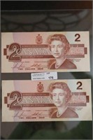 2- 1986 Canadian sequential $2.00 bills