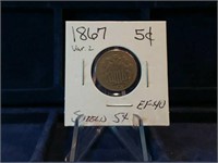 1867 Shield 5 Cent W/O Rays EF-40