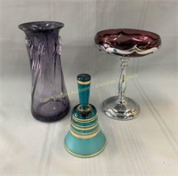 (3) Glass vase, compote dish, bell, verrerie vase,