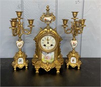Bronze And Porcelain Clock And Candelabra Set