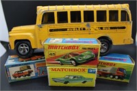 Hubley School Bus, and four 1960s Matchbox cars in