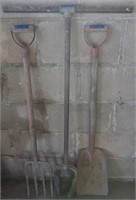 potato fork; post hole auger; steel shovel