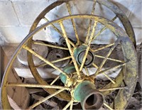 2 green & yellow steel wheels 28" across