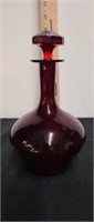 Red glass decanter 8" tall