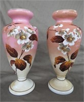 2 BEAUTIFUL HAND PAINTED TALL SATIN GLASS VASES