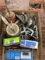Oil can, small c clamps, nails