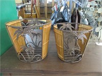 SET OF 2 METAL AND RATAN TRASH CANS WITH PALM TREE