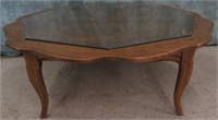 VINTAGE SOLID WOOD FRENCH COFFEE TABLE W/GLASS TOP