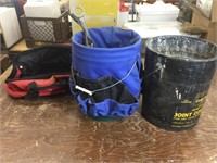 Tow strap and 2 work buckets and tool bag