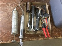 Box of miscellaneous tools and air pumps