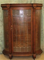 ANTIQUE OAK BOW FRONT LEAD GLASS DOOR DISPLAY