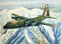 Watercolor of Air Force Military Plane in Flight.