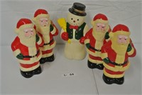 Lot of 4 Small Blow Mold Santa & 1 Snowman
