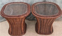 2 WICKER END TABLES GLASS TOP