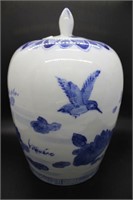 Blue & white Chinese covered urn with hummingbird