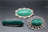 Three green agate & sterling brooches