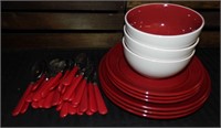 9 Mainstays Plates & Bowls & 32Pc. Red Flatware