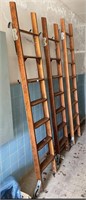 3 X VINTAGE LIBRARY LADDERS AND RAILS