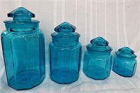 4 CANISTERS*BLUE GLASS W/LIDS