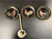 3 Decorative Rooster Plates & Ladle