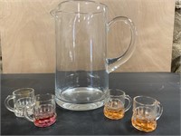 Glass Pitcher & 4 Colored Mug / Shot Glasses