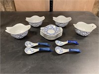 Blue/White 12 Piece Bowls, Plates & Spoon Set