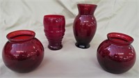 4 RUBY RED GLASS VASES