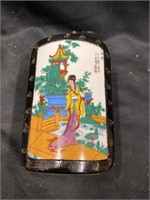 Handpainted porcelain and lacquer trinket box. 5”