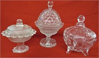 3 DECORATIVE PRESSED GLASS CANDY DISHES W/LIDS