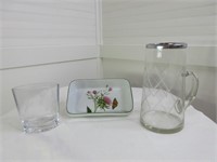 Etched Glass Pitcher, Glass Vase & Dish