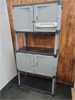 4 tier Rubbermaid storage shelf with cabinets