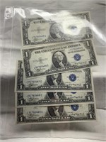 (5) CONSECUTIVE SILVER CERTIFICATE US $1 BILLS