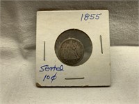 1855 UNITED STATES SILVER SEATED DIME