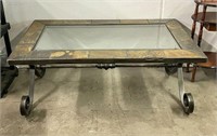 Steel Table with Inlaid Stone & Beveled Glass Top